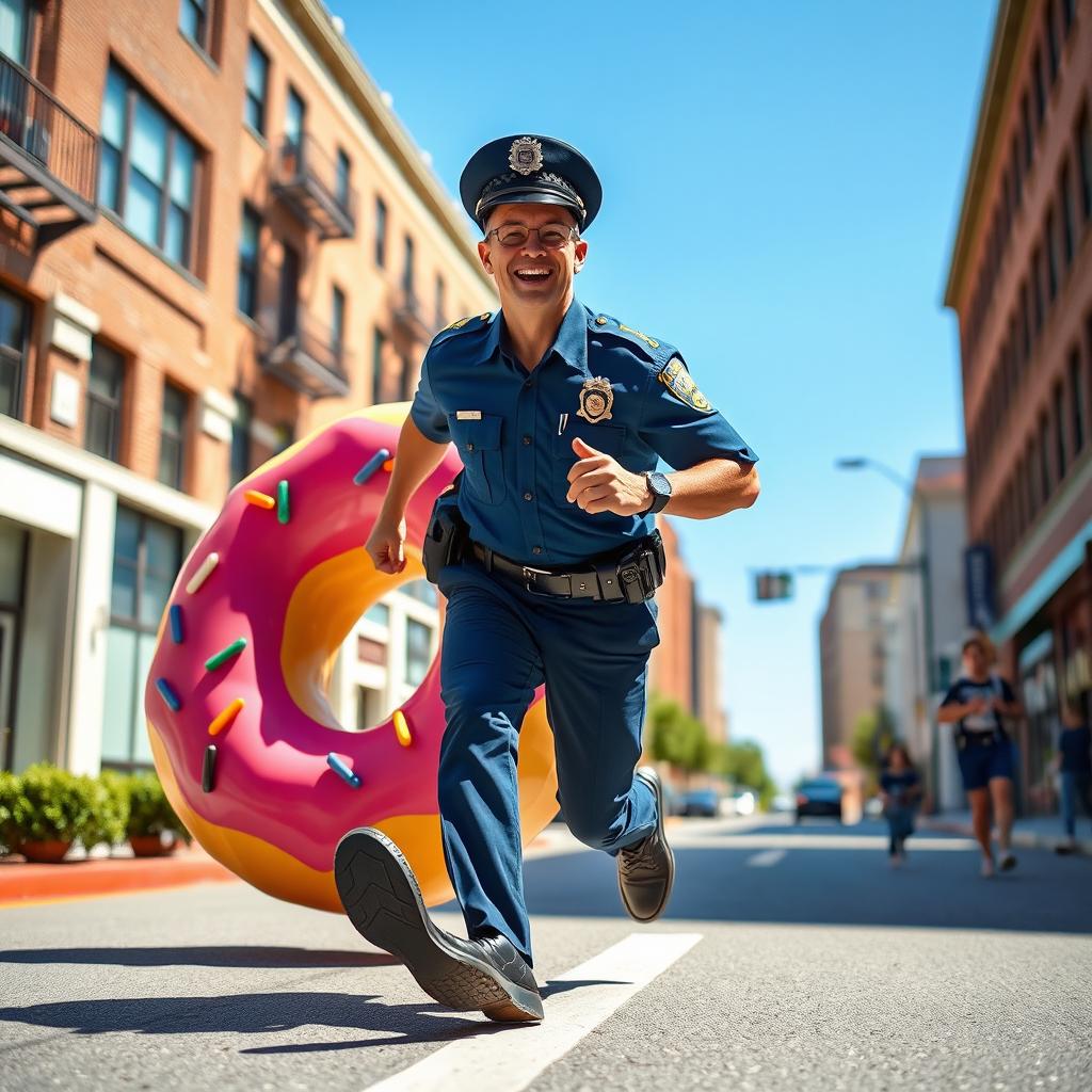 A lighthearted scene featuring a happy police officer in a traditional blue uniform, energetically chasing after a gigantic, whimsical donut rolling down a sunny street