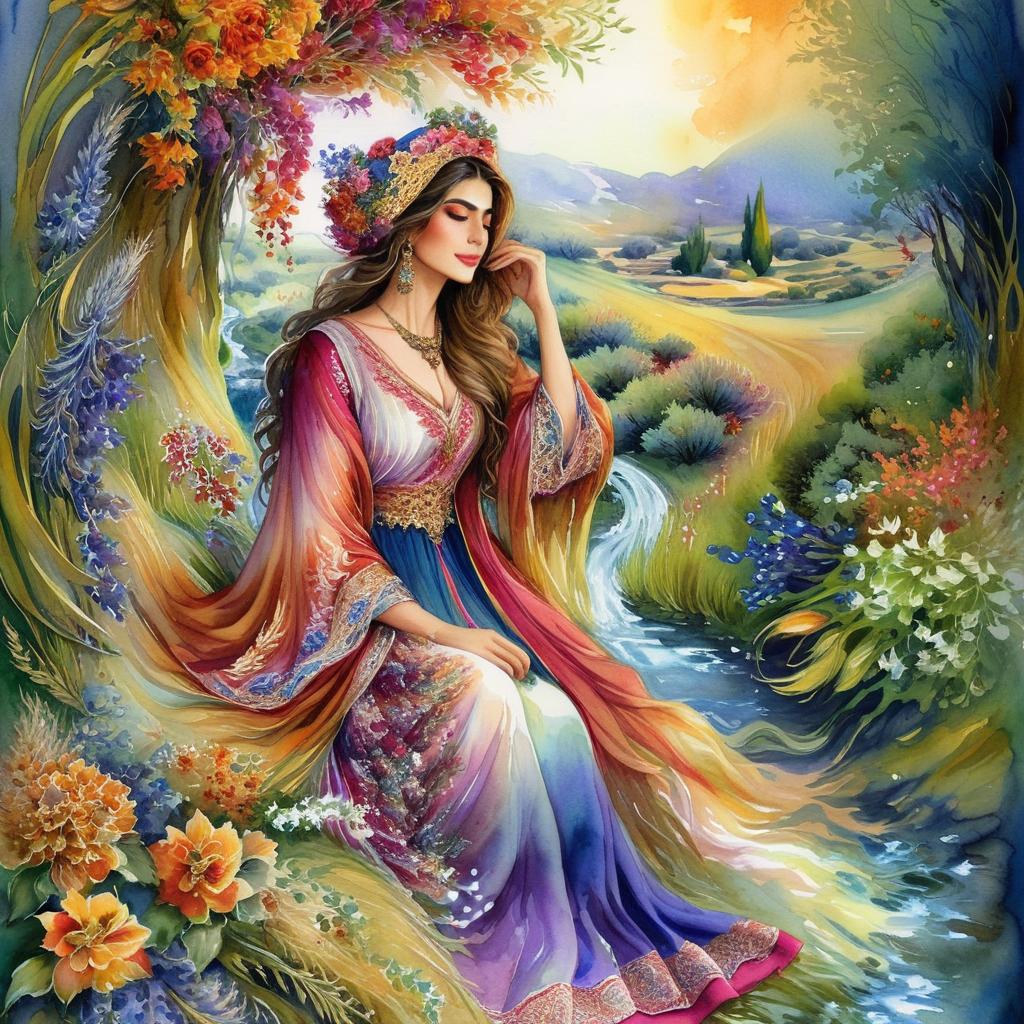 Mystical and spiritual watercolor painting of a beautiful Iranian woman in traditional dress sitting in a wheat field and next to a stream, surrounded by multicolored flowers, cypress, grape and plane trees.