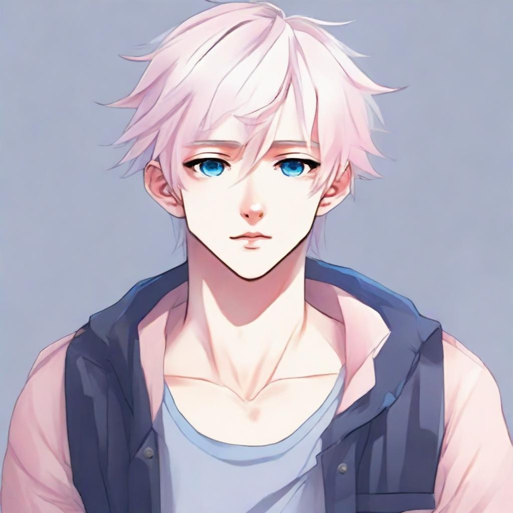 Make an anime illustration of a twink boy with a very feminine body and skinny waist. He has white hair, eyebrows, lashes, and slender skin. With a harmonious face, sharp blue eyes have a hint of pink at their corners. He lacks muscular definition and gazes neutrally into the distance in a full-body view.