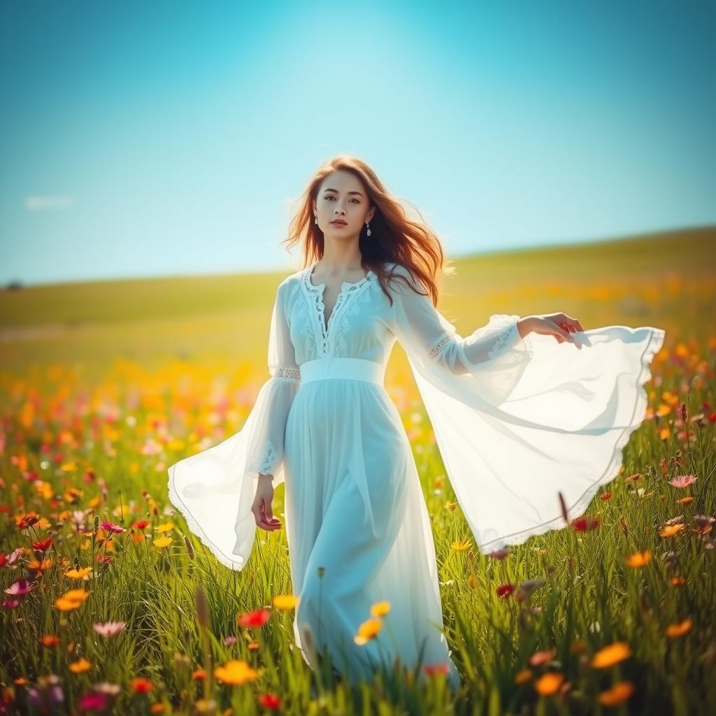 A young woman dressed in long white clothing, standing gracefully in a lush green meadow, surrounded by vibrant wildflowers
