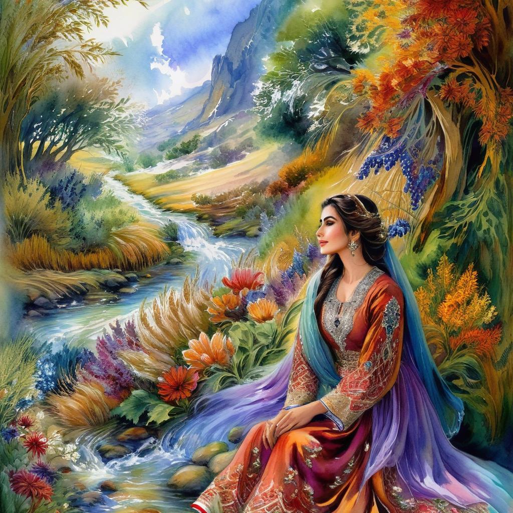 Mystical and spiritual watercolor painting of a beautiful Iranian woman in traditional dress sitting in a wheat field and next to a stream, surrounded by multicolored flowers, cypress, grape and plane trees.