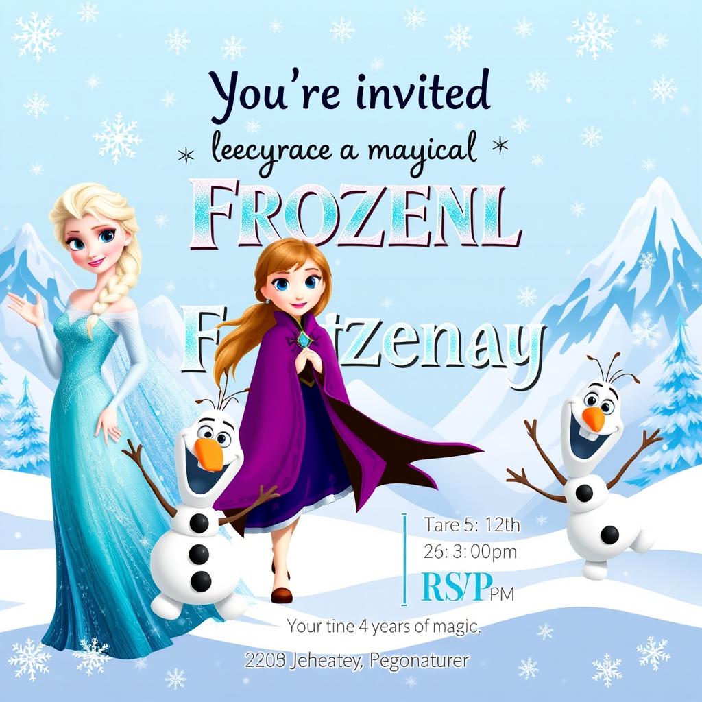 A colorful and festive birthday invitation design inspired by the themes of Frozen