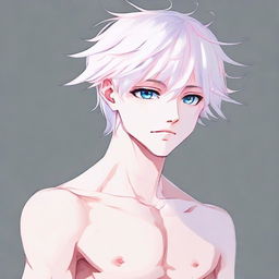 Make an anime illustration of a twink boy with a very feminine body and skinny waist. He has white hair, eyebrows, lashes, and slender skin. With a harmonious face, sharp blue eyes have a hint of pink at their corners. He lacks muscular definition and gazes neutrally into the distance in a full-body view.