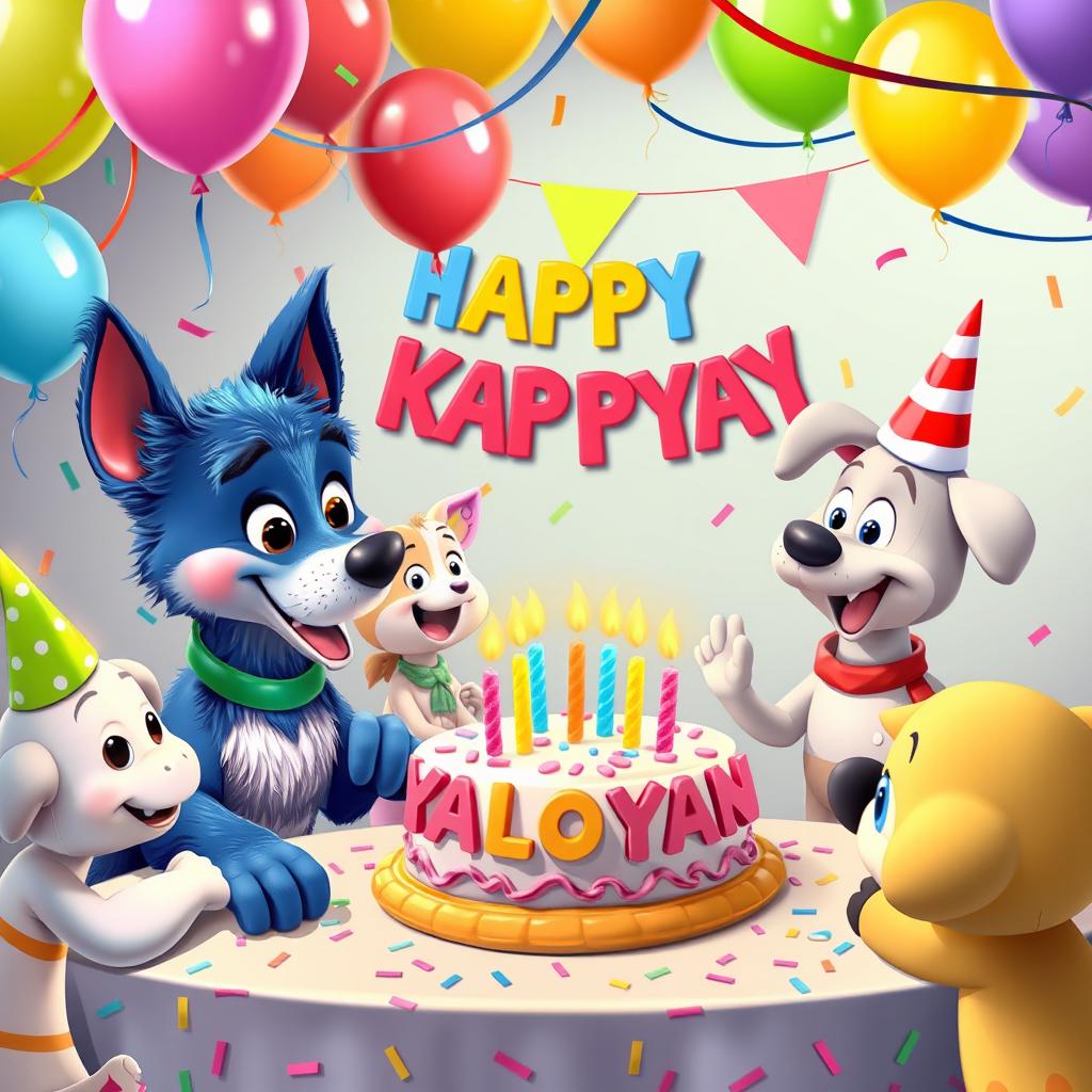 A colorful and festive birthday party scene featuring Bluey the Blue Heeler and Bingo celebrating with their friends