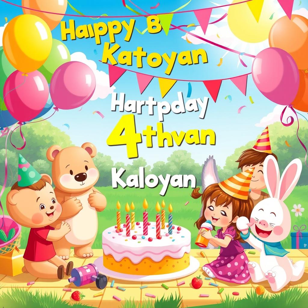 A vibrant birthday party scene celebrating a 4th birthday for a young boy named Kaloyan