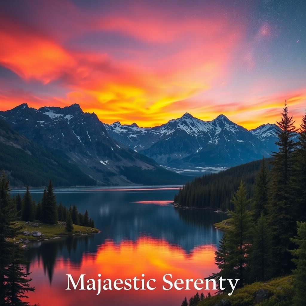 A captivating landscape featuring a majestic mountain range at sunset, with vibrant orange and purple hues in the sky reflecting off a serene lake in the foreground