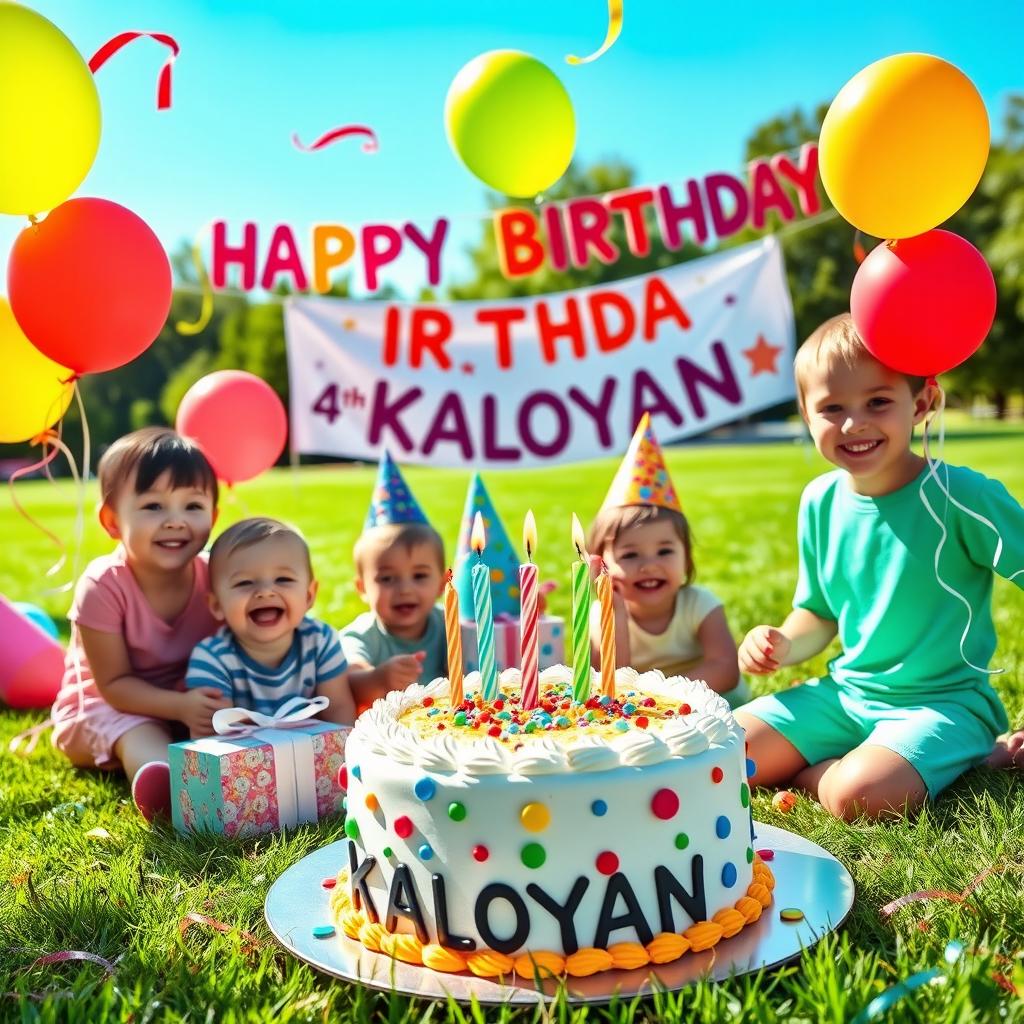 A whimsical birthday scene celebrating Kaloyan's 4th birthday, featuring a colorful cake with four candles, vibrant balloons in various colors, and cheerful decorations like streamers and confetti