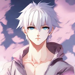 Illustrate an anime style twink boy with a feminine physique. He features white hair, eyebrows, eyelashes, and slender skin. His face is harmonious with striking hunter blue eyes highlighted by pink tones at the corners. He lacks muscular bulk, and he gazes neutrally into the distance in a full-body view.