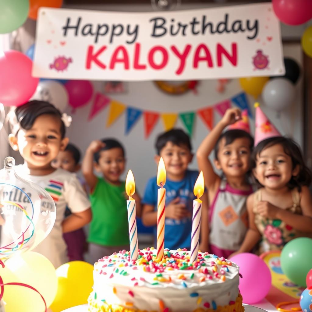A colorful and festive birthday scene celebrating Kaloyan's 4th birthday