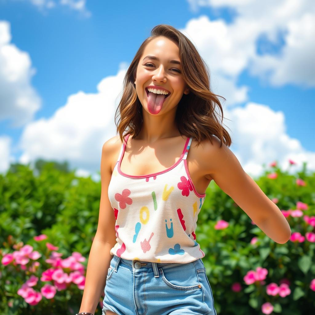 A confident young woman playfully sticking her tongue out, standing in an outdoor setting with a bright blue sky and fluffy white clouds