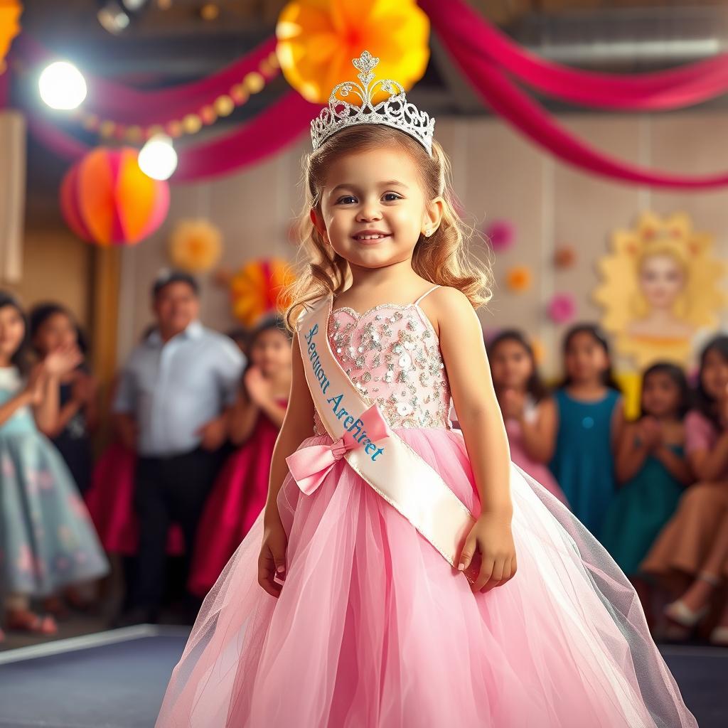 A charming and whimsical scene featuring a small girl dressed in a beautiful pageant gown, adorned with sequins and a sparkling tiara