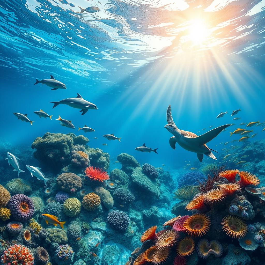 A vibrant underwater scene showcasing a variety of sea animals including colorful coral reefs, playful dolphins, graceful sea turtles, schools of shimmering fish, and a majestic manta ray gliding through the clear blue water