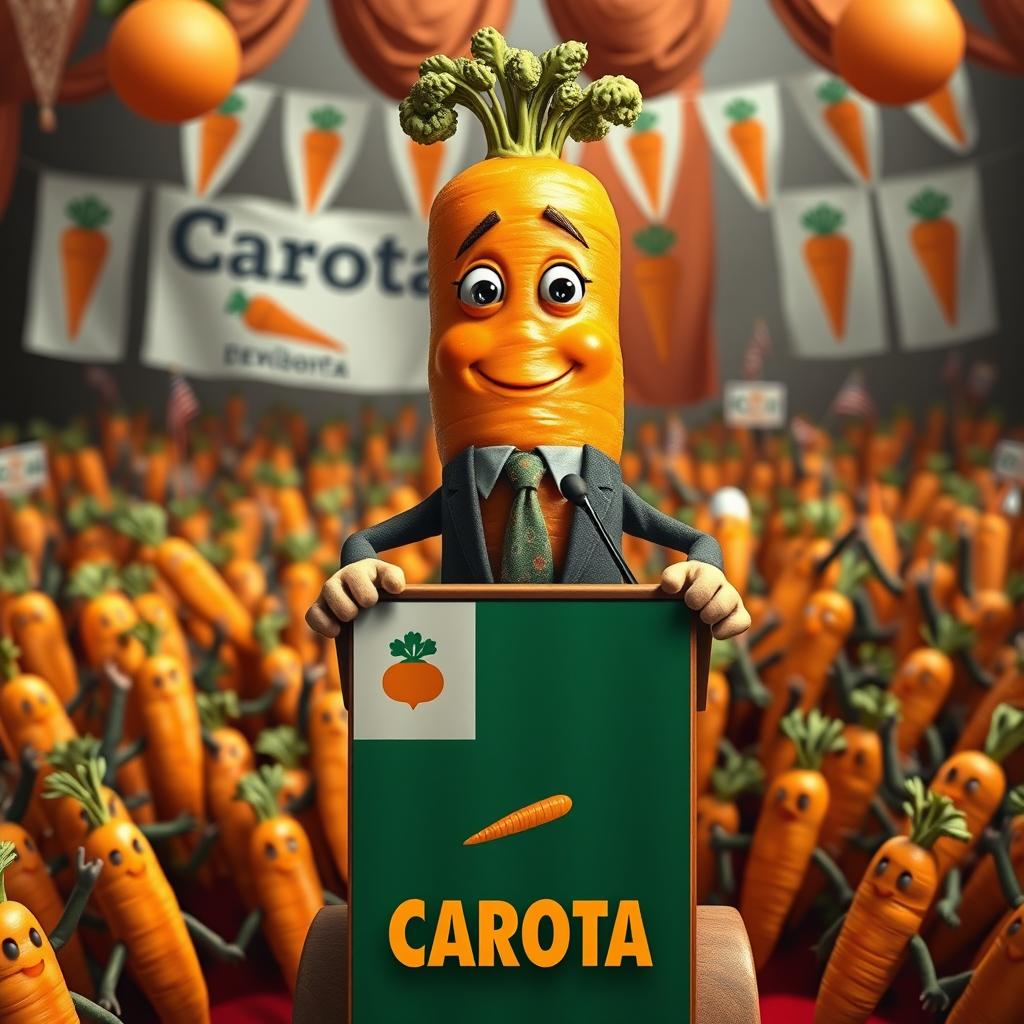 A realistic carrot character with hands and legs, depicted as the president of a fictional country named Carota, standing proudly at a podium adorned with a national flag featuring carrot motifs