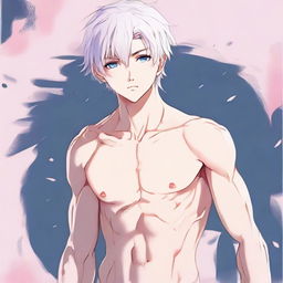 Illustrate an anime style twink boy with a feminine physique. He features white hair, eyebrows, eyelashes, and slender skin. His face is harmonious with striking hunter blue eyes highlighted by pink tones at the corners. He lacks muscular bulk, and he gazes neutrally into the distance in a full-body view.