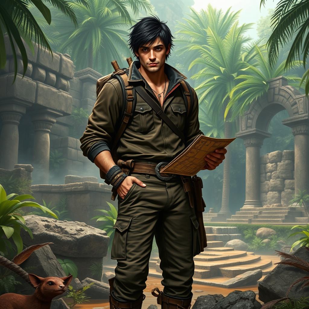 A male character inspired by Hawke from Dragon Age 2, wearing a classic tomb raider outfit