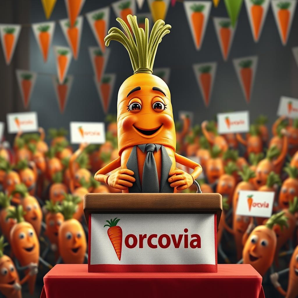 A realistic carrot character with hands and legs, depicted as the president of a fictional country named Morcovia, standing confidently at a podium marked with the Morcovia flag adorned with carrot symbols
