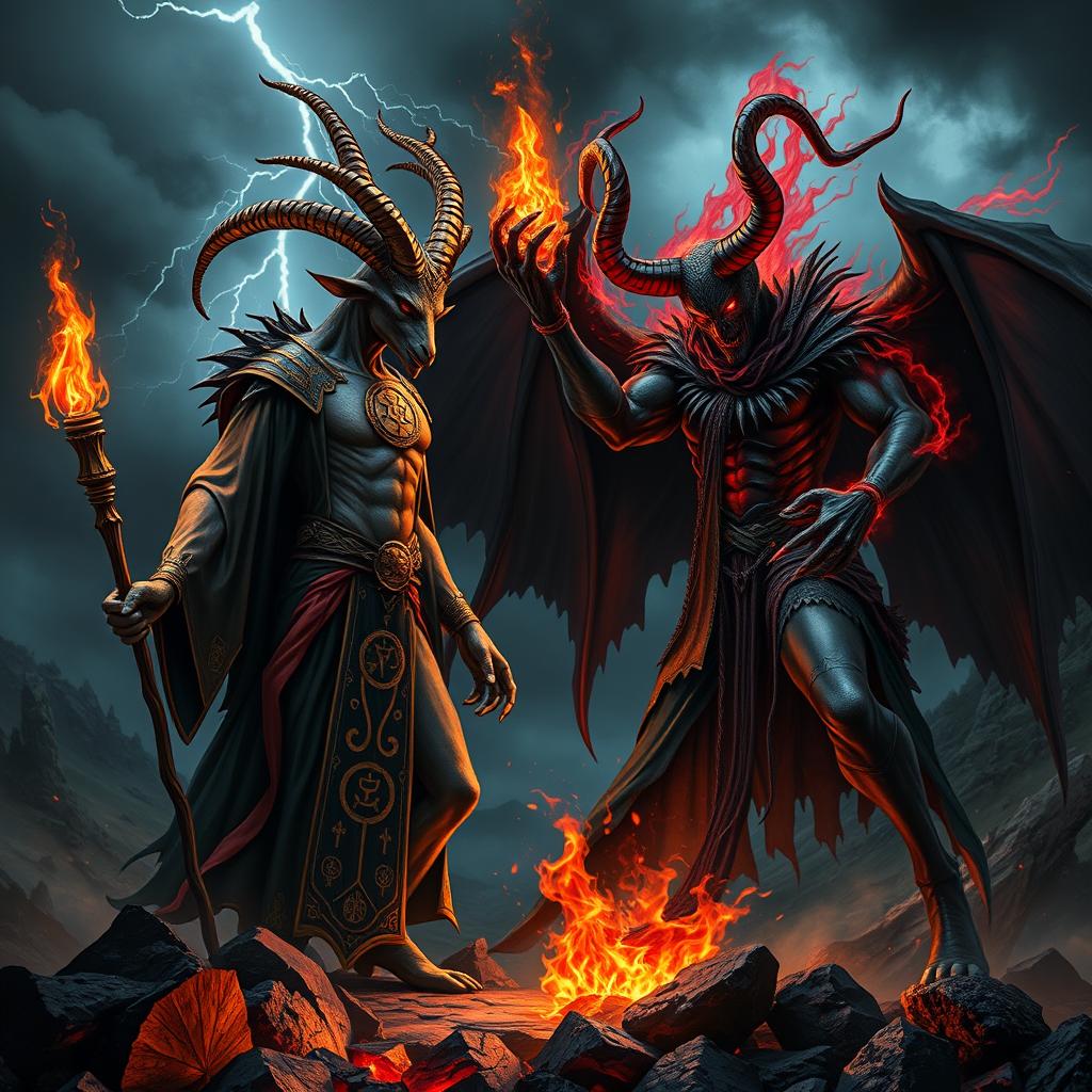 A dramatic confrontation scene between Baphomet, depicted as a goat-headed figure with an androgynous body, wearing a robe with intricate symbols and holding a torch, against Satan, portrayed as a dark, horned entity with fiery red and black features, surrounded by shadows and flames