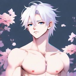 Illustrate an anime style twink boy with a feminine physique. He features white hair, eyebrows, eyelashes, and slender skin. His face is harmonious with striking hunter blue eyes highlighted by pink tones at the corners. He lacks muscular bulk, and he gazes neutrally into the distance in a full-body view.