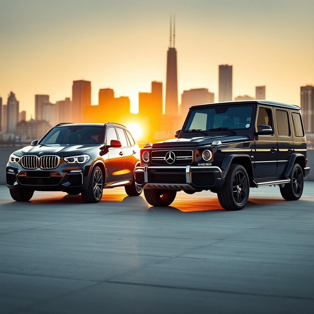 A dynamic scene featuring two luxury SUVs, a BMW X5 and a Mercedes G63, parked prominently in the foreground