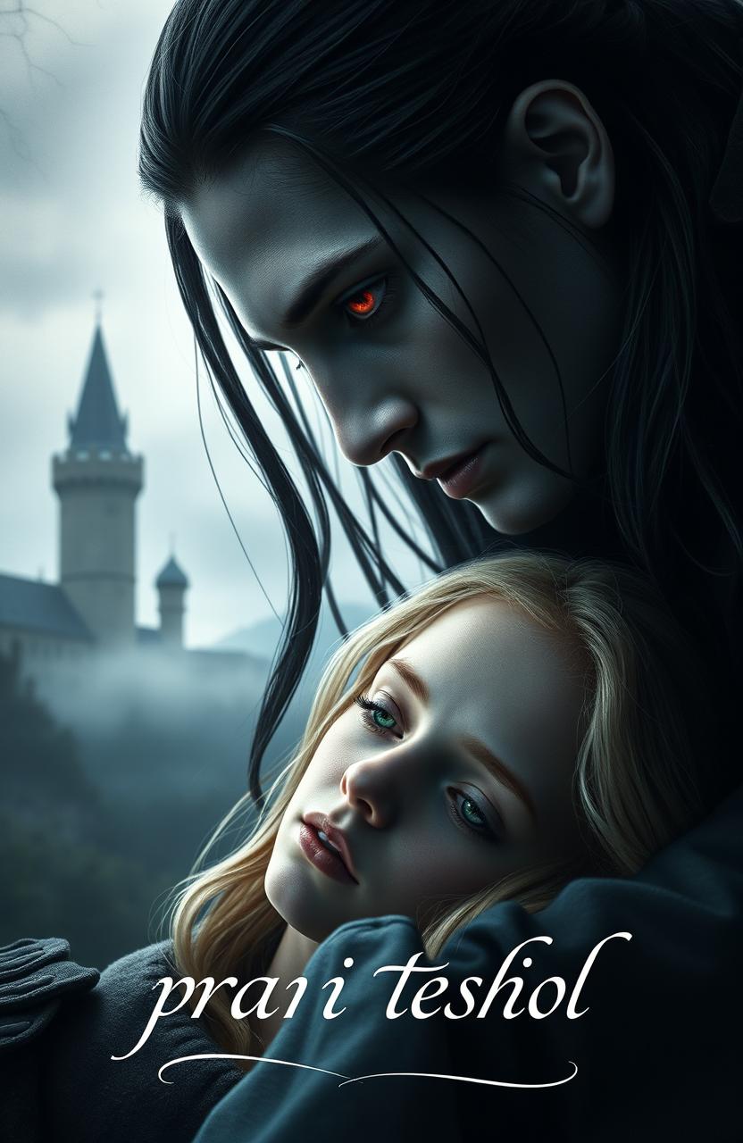Aro Volturi, a vampire with long dark hair pulled back and striking ruby-red eyes, gazes intensely at a lifeless blonde girl, captivatingly beautiful with emerald-green eyes