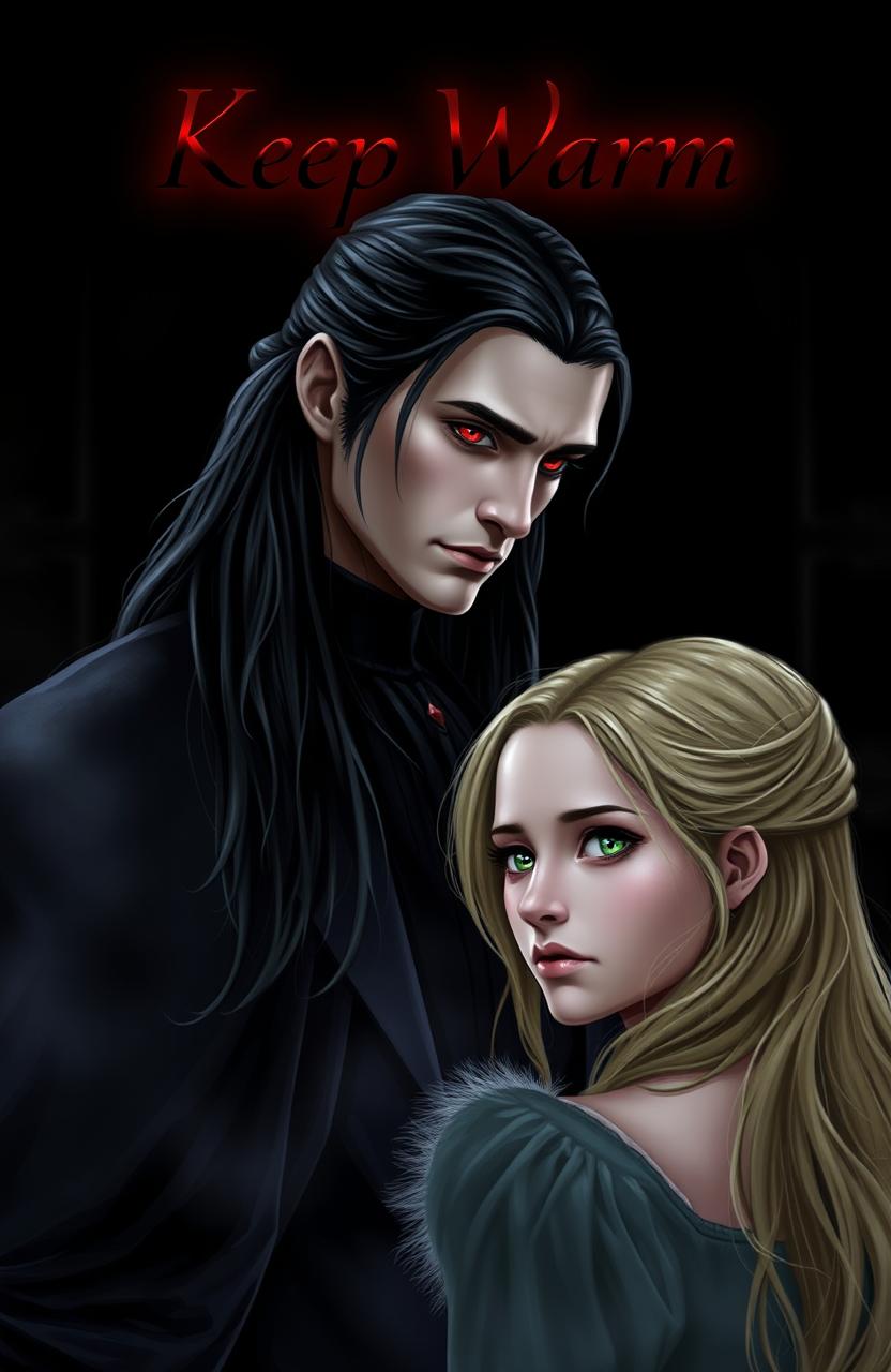 Aro Volturi with long dark hair pulled back, and striking ruby red eyes, standing confidently as a vampire