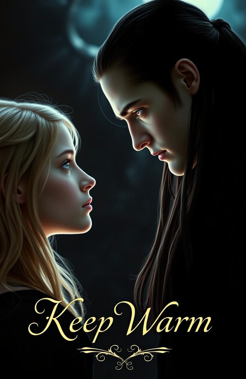 Aro Volturi, a vampire with dark long hair neatly tied back, and striking ruby red eyes, gazing intensely at a blonde girl with green eyes who appears as if she is staring death in the face