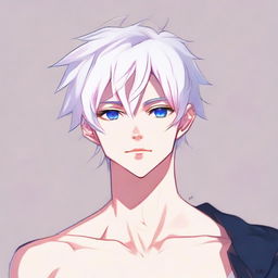 Illustrate an anime style twink boy with a feminine physique. He features white hair, eyebrows, eyelashes, and slender skin. His face is harmonious with striking hunter blue eyes highlighted by pink tones at the corners. He lacks muscular bulk, and he gazes neutrally into the distance in a full-body view.