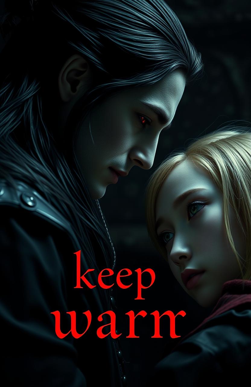 Aro Volturi with long dark hair pulled back, striking ruby red eyes, a vampire expression, gazing intensely at a blonde girl with green eyes who appears lifeless