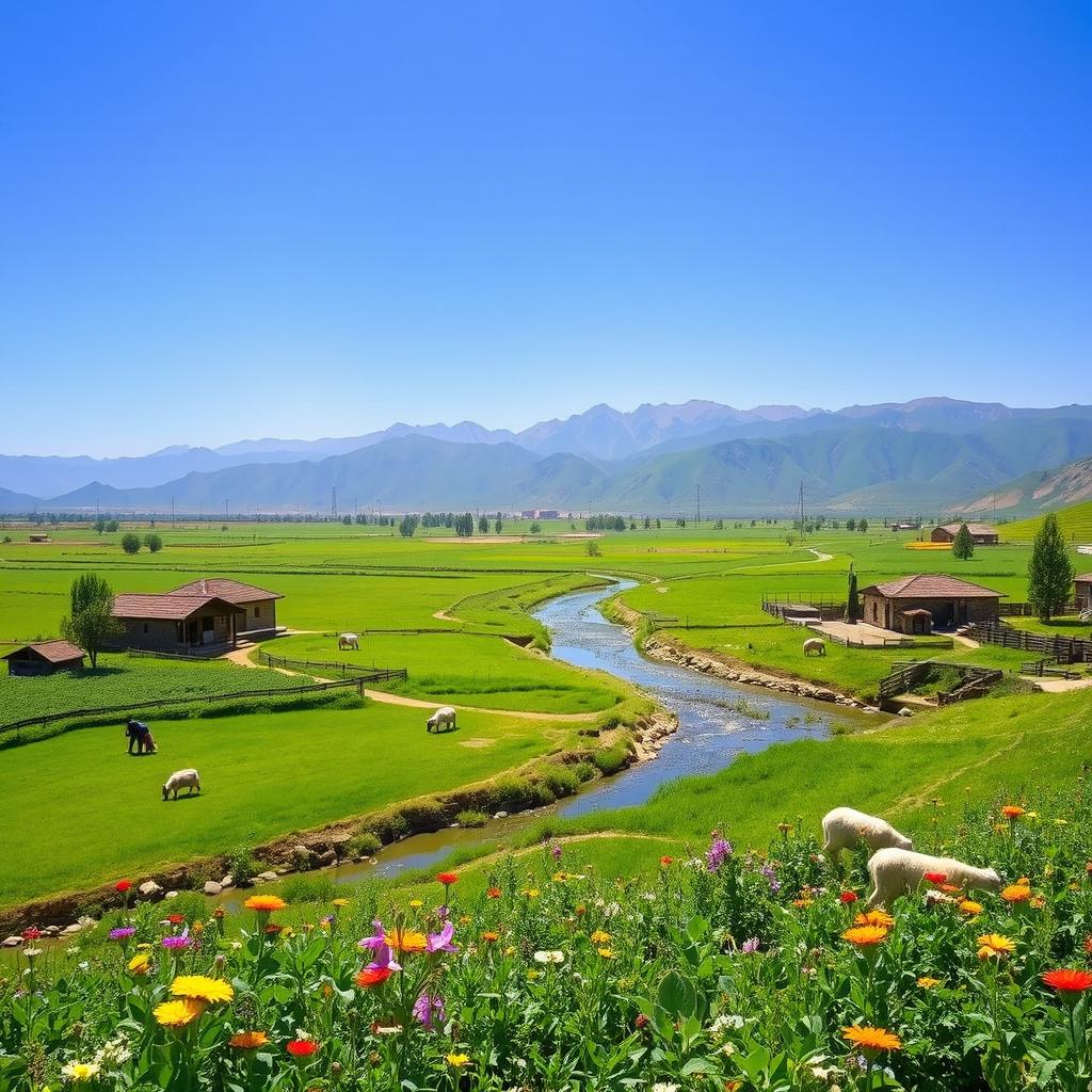 A picturesque view of a serene rural landscape in Abpakhsh, Iran, with lush green fields, traditional Persian houses, and a clear blue sky