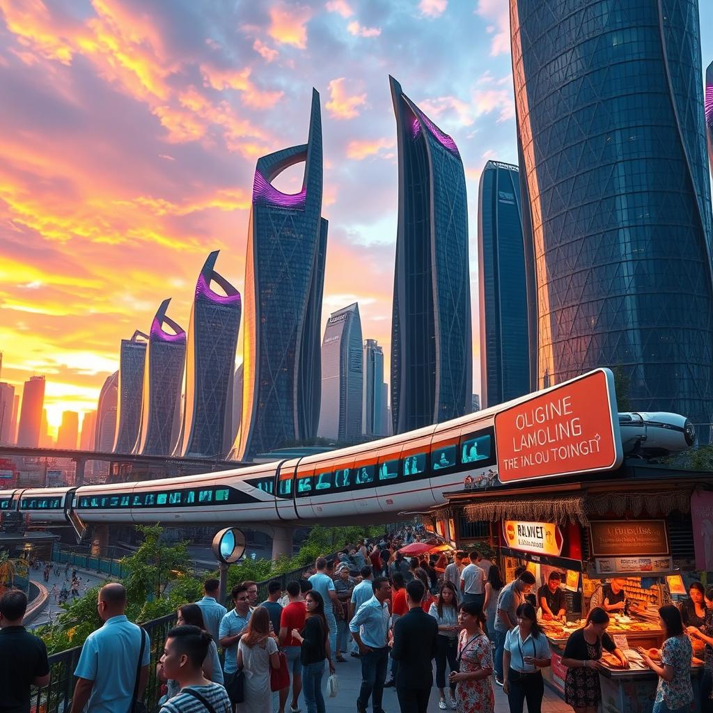 A futuristic cityscape at sunset, showcasing sleek skyscrapers with intricate designs illuminated by colorful neon lights