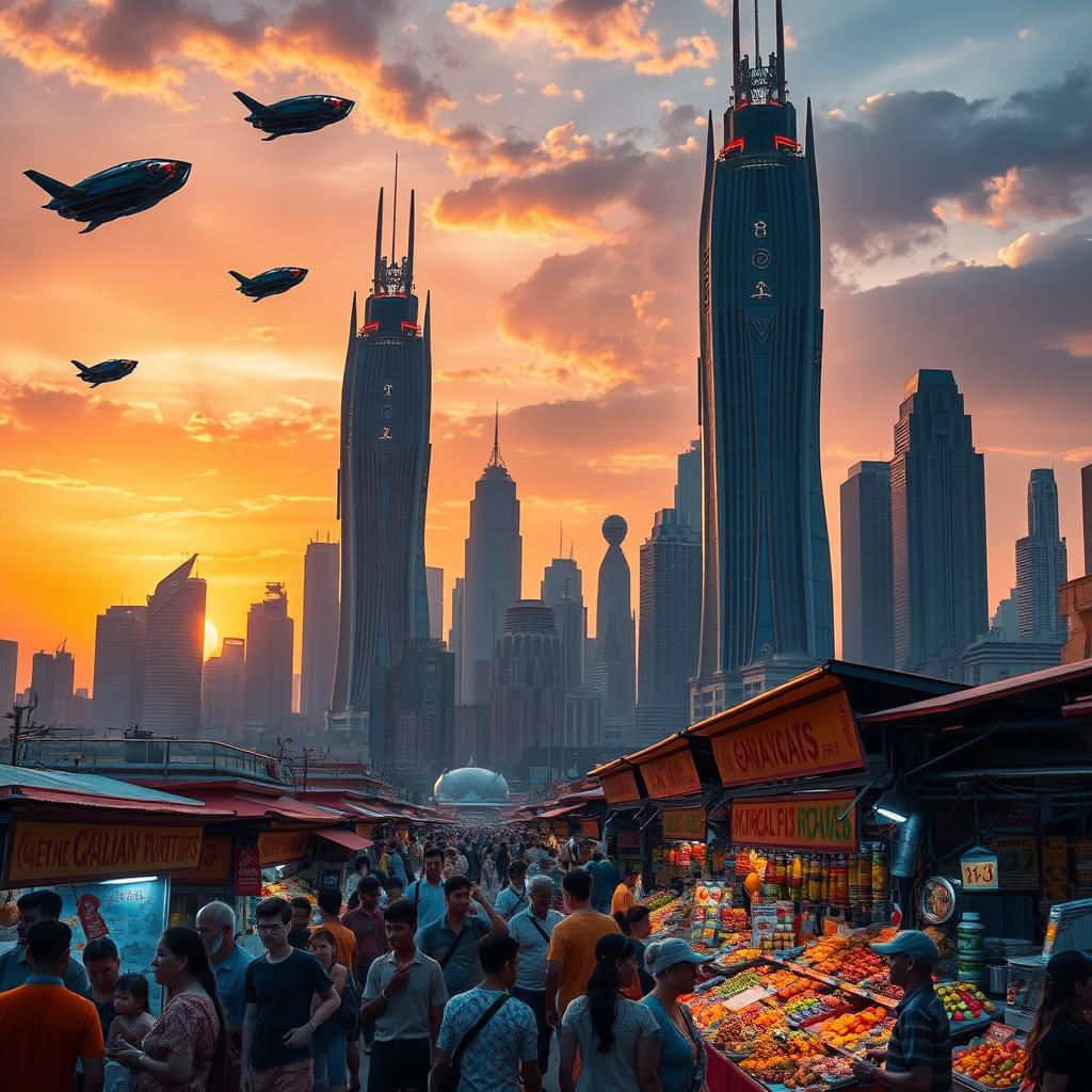 A futuristic city skyline at sunset, featuring towering skyscrapers with intricate designs, glowing neon lights, and flying cars zipping through the sky