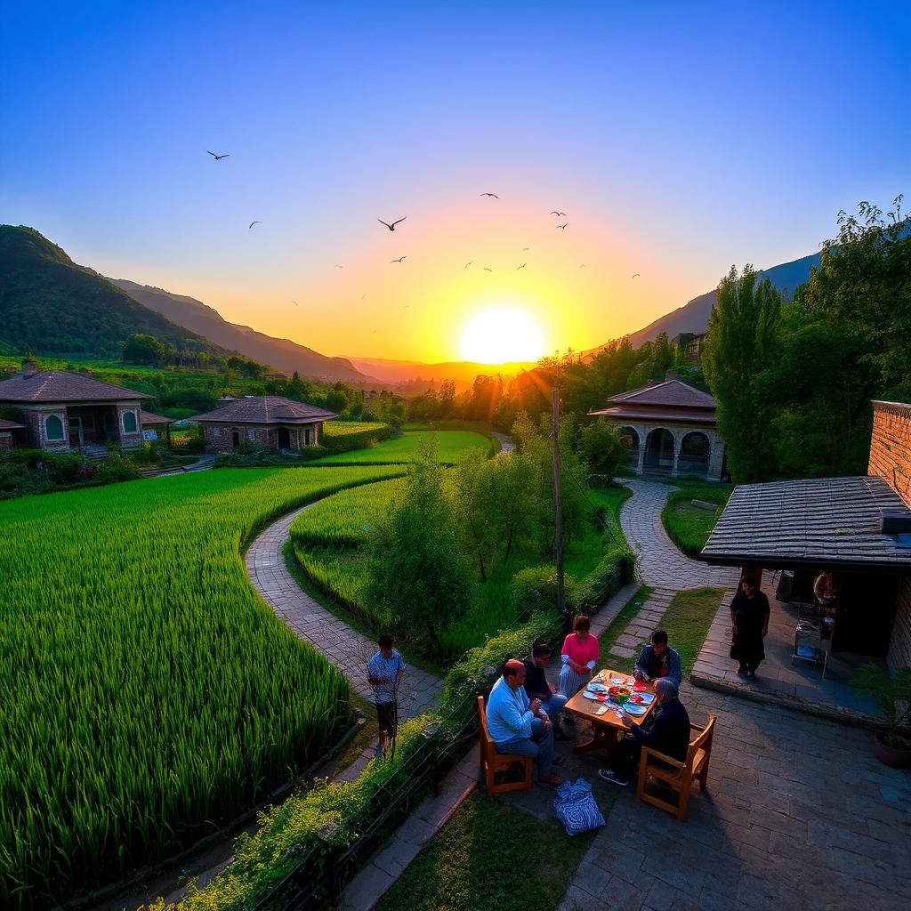 A scenic view of Abpakhsh, a beautiful village in Iran, showcasing lush green landscapes, traditional Persian architecture, and pathways lined with trees