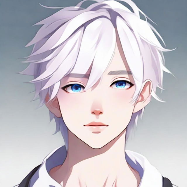 Craft an anime illustration of a feminine twink boy featuring white hair, eyebrows, lashes, and slender skin, a harmonious face with piercing hunter blue eyes with a hint of pink at the corners and without muscles, assuming a neutral pose, looking into the distance in a full body view.