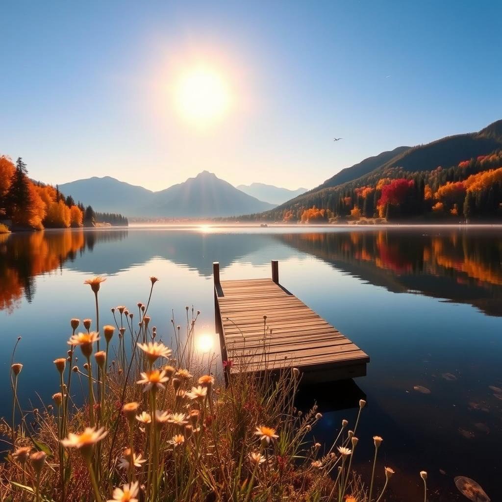 A dreamy landscape featuring a serene lake reflecting colorful trees during autumn, with a warm golden sunset illuminating the scene