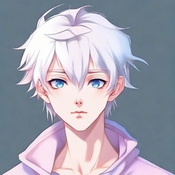 Craft an anime illustration of a feminine twink boy featuring white hair, eyebrows, lashes, and slender skin, a harmonious face with piercing hunter blue eyes with a hint of pink at the corners and without muscles, assuming a neutral pose, looking into the distance in a full body view.