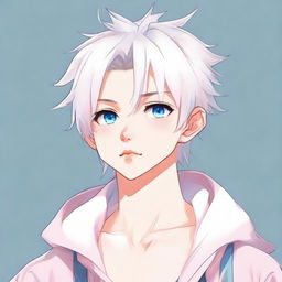 Craft an anime illustration of a feminine twink boy featuring white hair, eyebrows, lashes, and slender skin, a harmonious face with piercing hunter blue eyes with a hint of pink at the corners and without muscles, assuming a neutral pose, looking into the distance in a full body view.