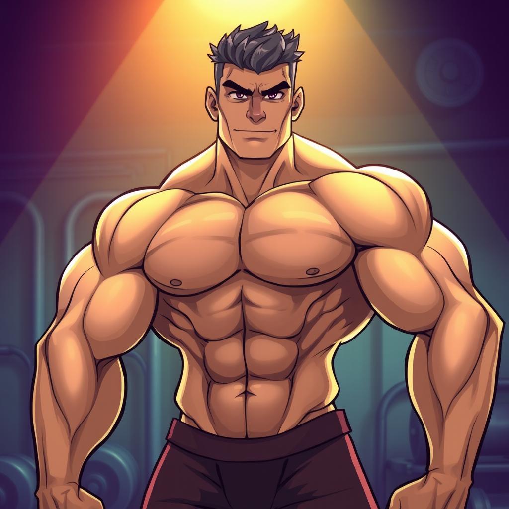 An illustration of a muscular man with a confident expression, showcasing a strong physique