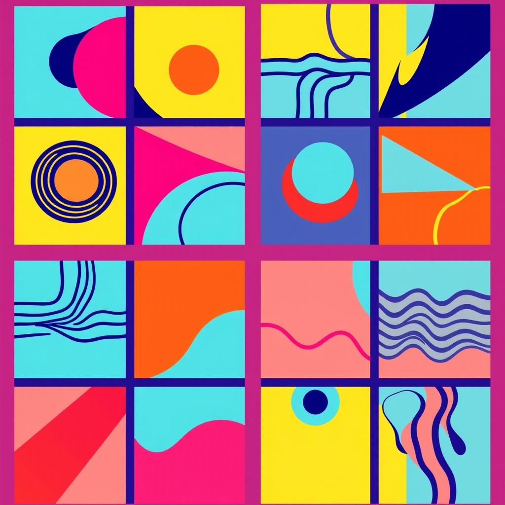 A visually striking 4x4 grid pattern, featuring bold lines and vibrant colors