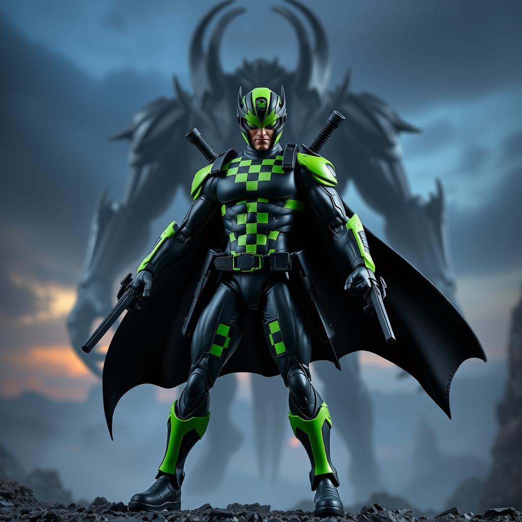 A superhero action figure depicted in a dynamic pose, wearing a sleek black and neon green suit that features a checkered pattern