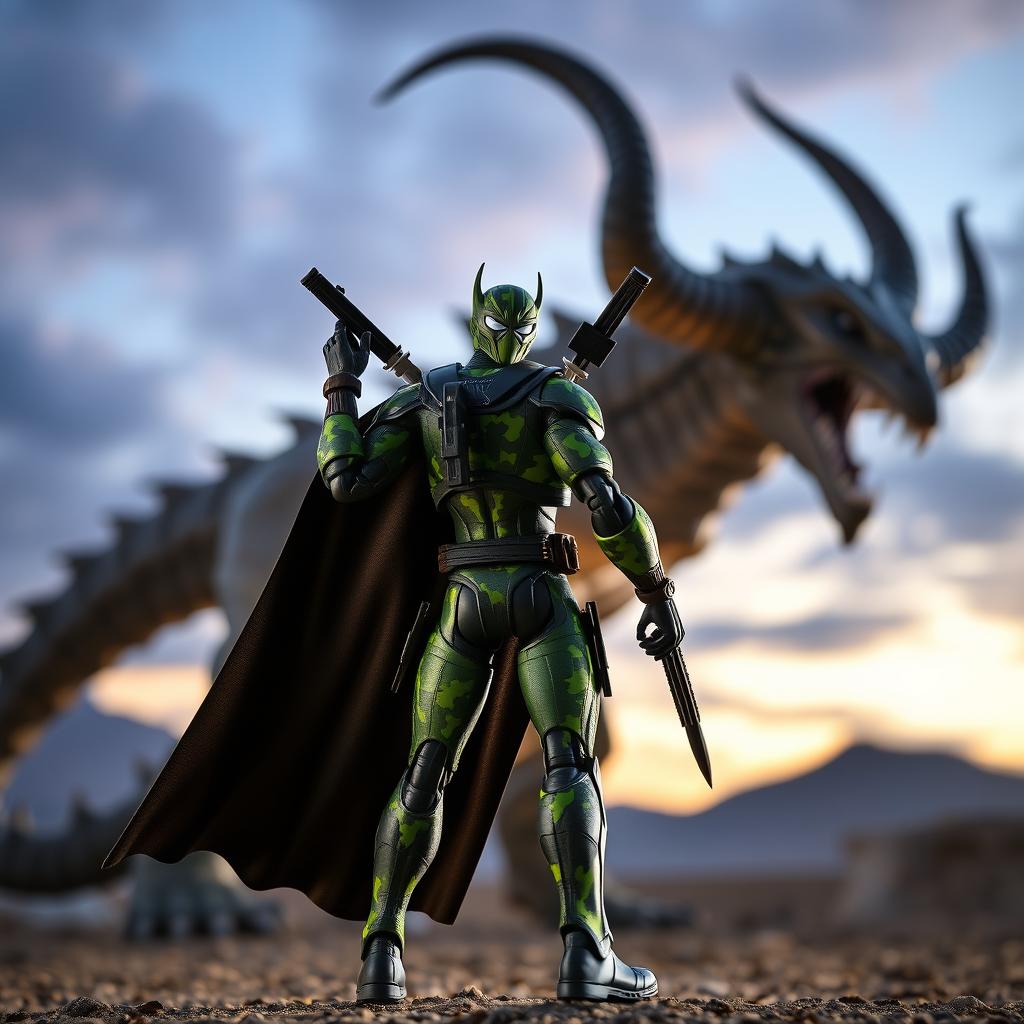 A superhero action figure in a striking black and neon green suit with a camouflage pattern, equipped with two swords on its back and a pistol on each hip