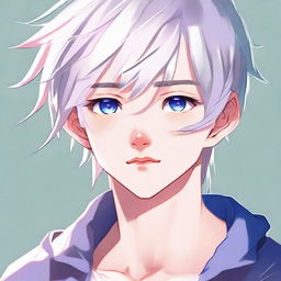 Craft an anime illustration of a feminine twink boy featuring white hair, eyebrows, lashes, and slender skin, a harmonious face with piercing hunter blue eyes with a hint of pink at the corners and without muscles, assuming a neutral pose, looking into the distance in a full body view.