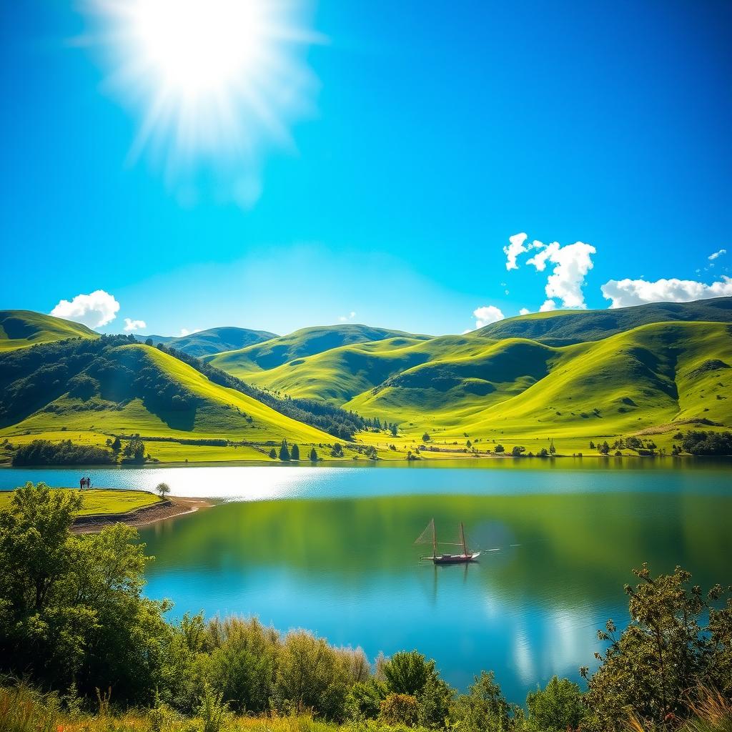 A beautifully enhanced photo of a scenic landscape featuring lush green hills, a vibrant blue sky, and a tranquil lake reflecting the surroundings