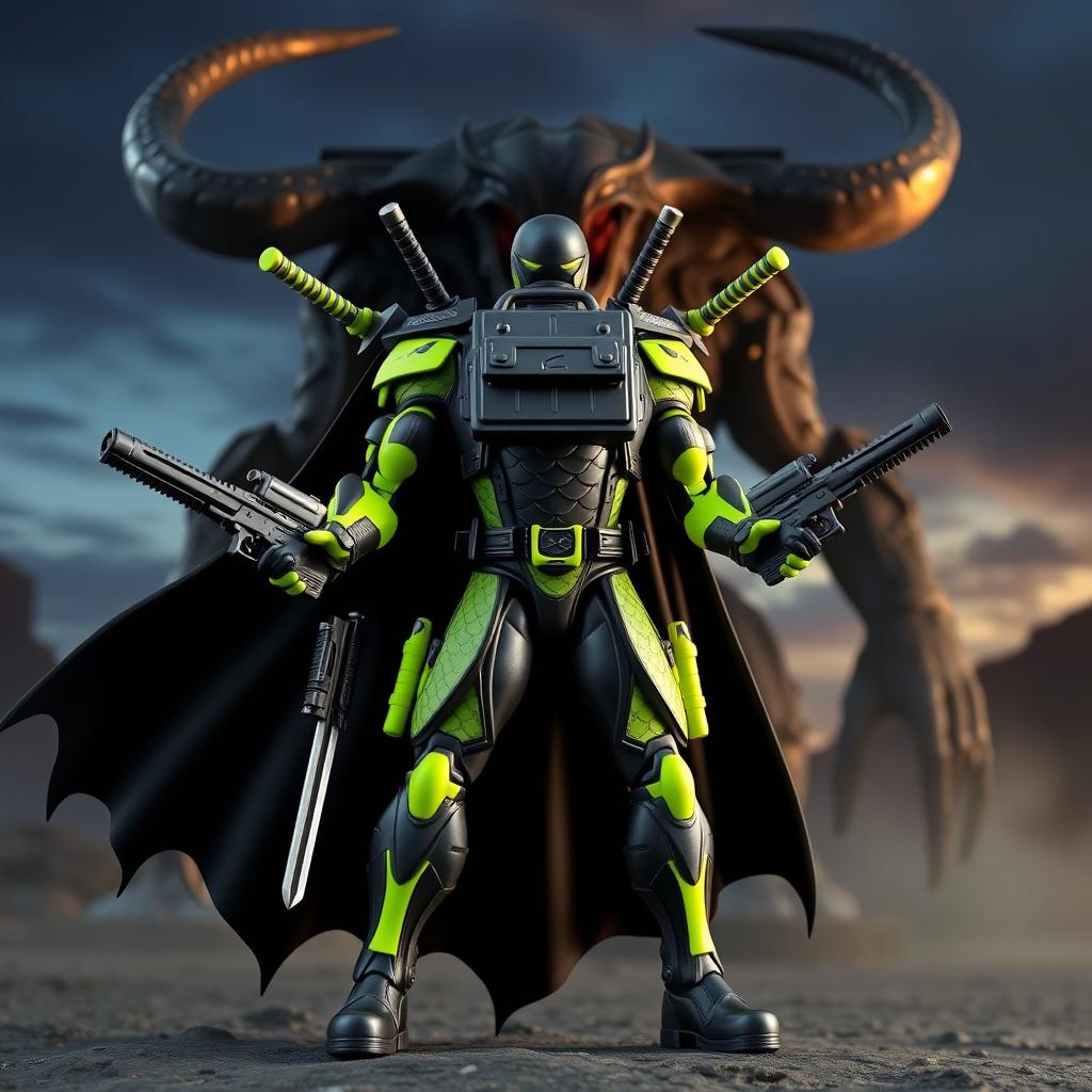 A superhero action figure designed in a striking black and neon green color scheme, featuring a suitcase design with a pattern of scales