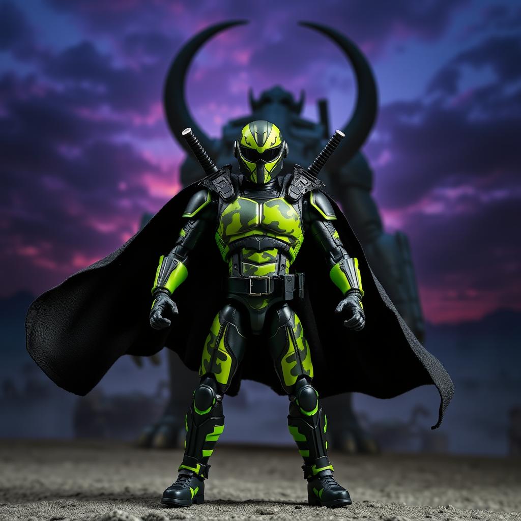 An action figure styled as a superhero, wearing a black and neon green suit with a striking camouflage pattern