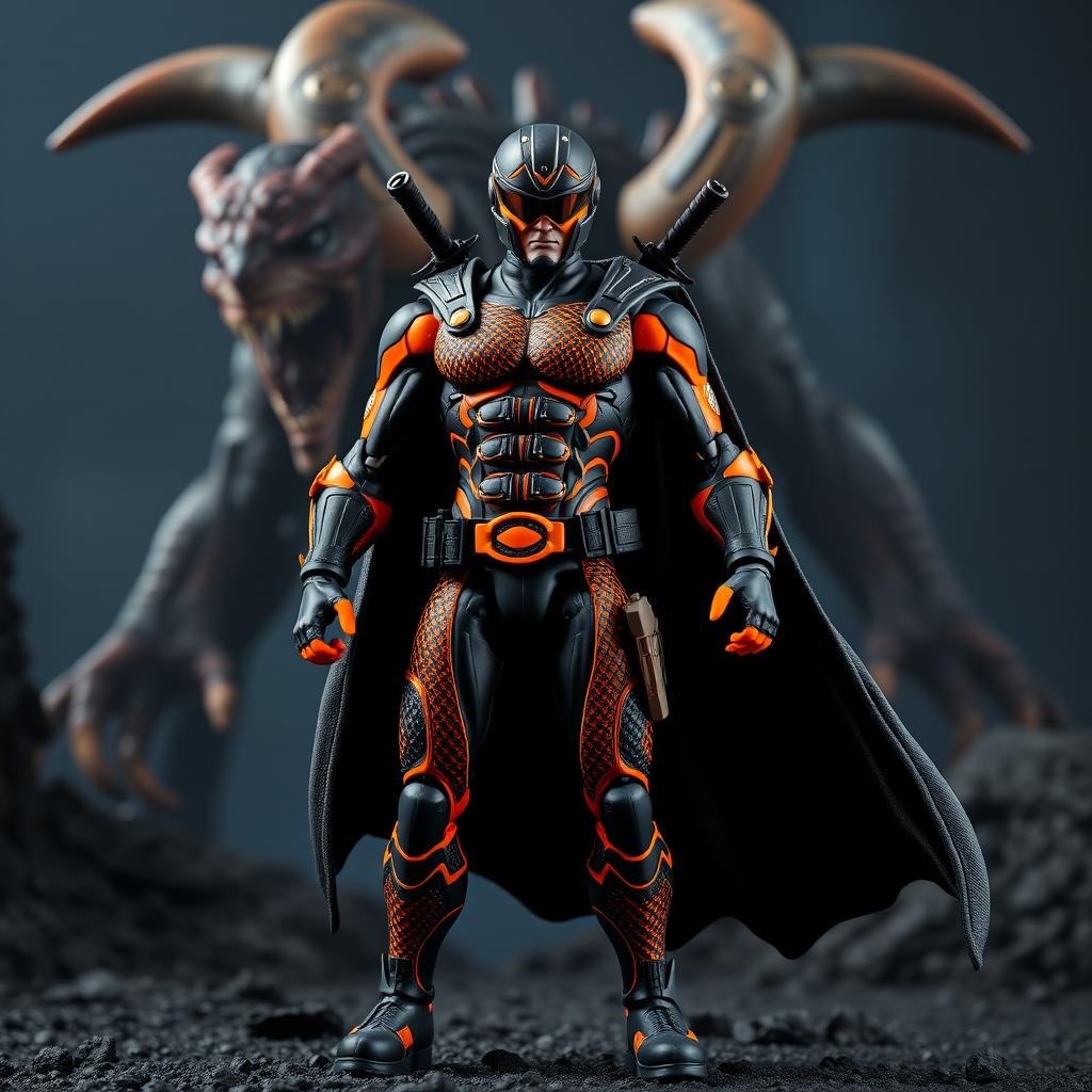A superhero action figure in a striking black and neon orange suit with a snake scale pattern, wearing a helmet that complements the suit's design