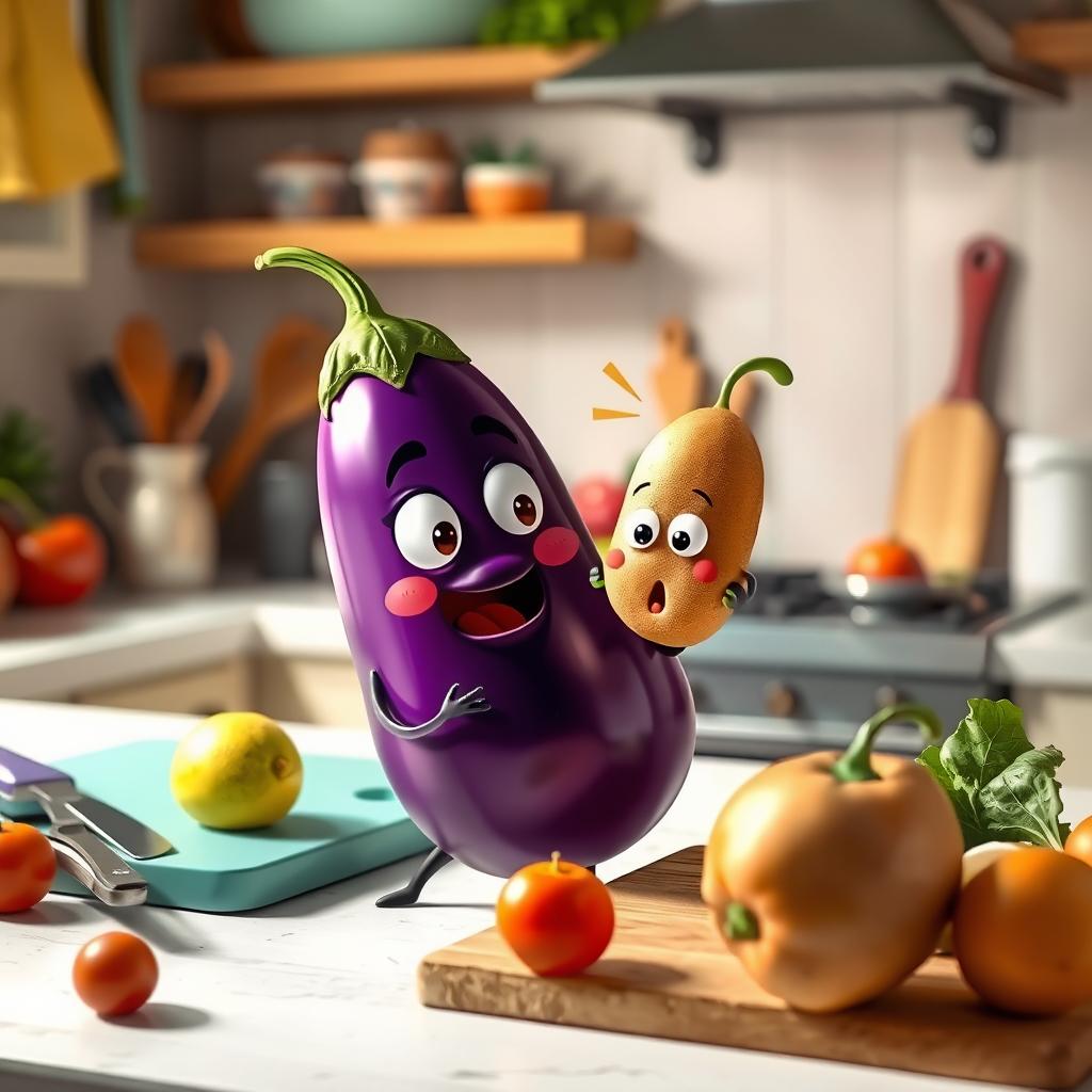 A whimsical scene set on a kitchen counter where a cute, cartoonish brinjal (eggplant) starts to wake up