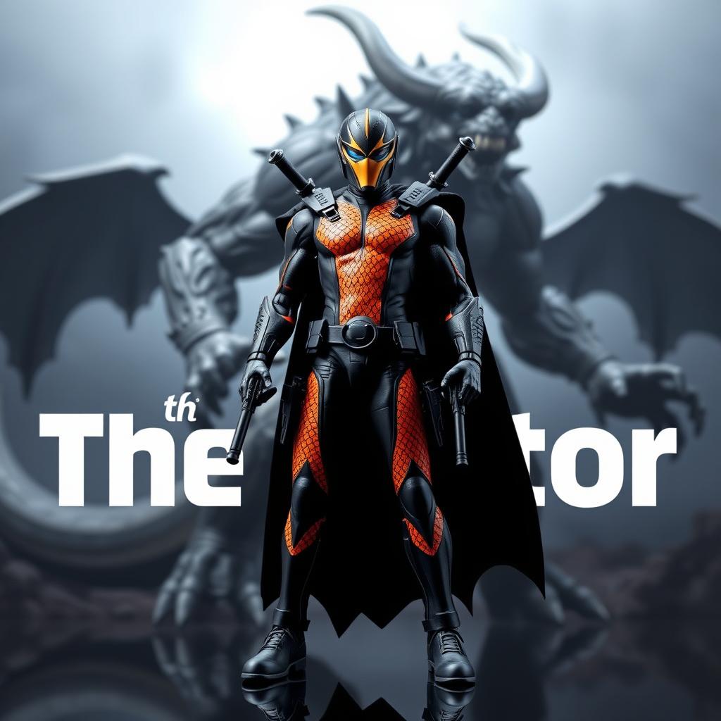 A superhero action figure in a striking black and neon orange suit with a snake scale pattern, featuring a helmet that complements the design