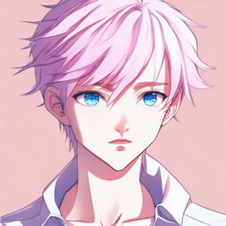 Render a full body anime drawing of a twink boy with a feminine body. He has white hair, eyebrows, lashes, and slender skin. His harmonious face showcases hunter sharp blue eyes with pink hues at the corners. No visible muscles. He looks neutrally in another direction.