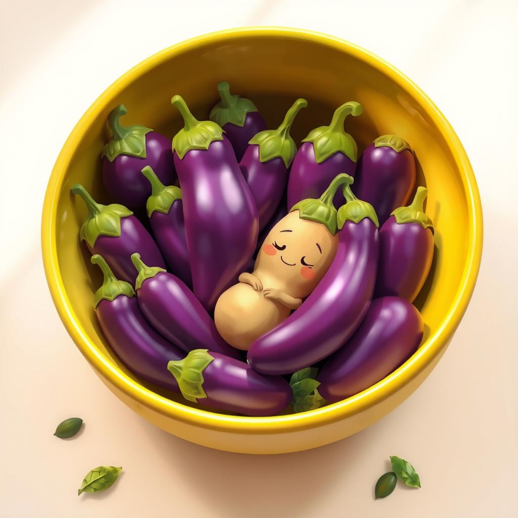 A charming scene inside a big, vibrant bowl filled with multiple cartoonish brinjals (eggplants) of various sizes, with one small, adorable baby potato snuggled comfortably among them