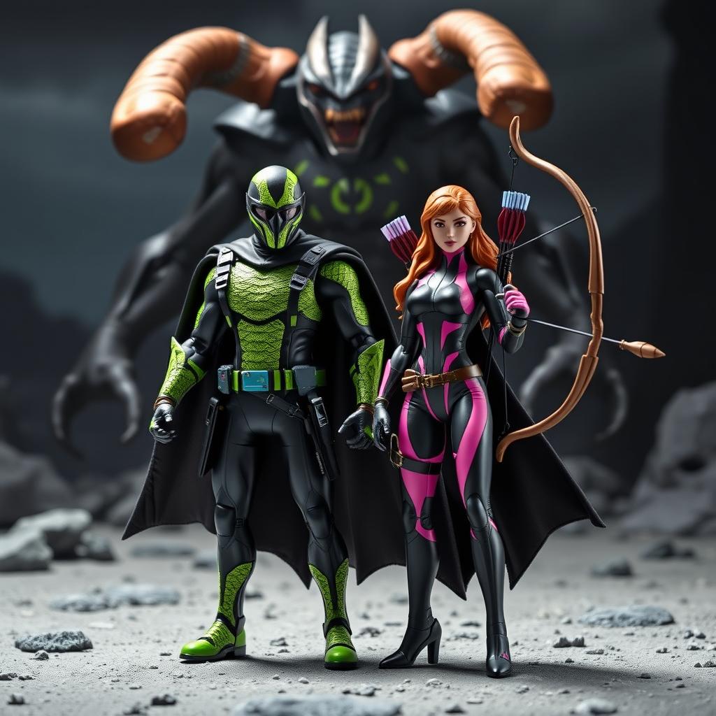 An epic scene featuring two action figures depicted as superheroes